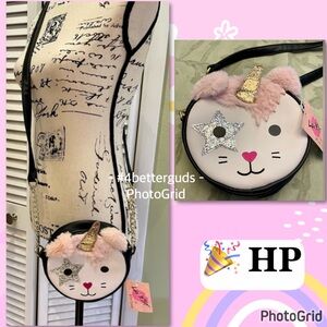 New Betsey Johnson Kitty Cat Face Fur & Unicorn Sequins Canteen Crossbody Purse
